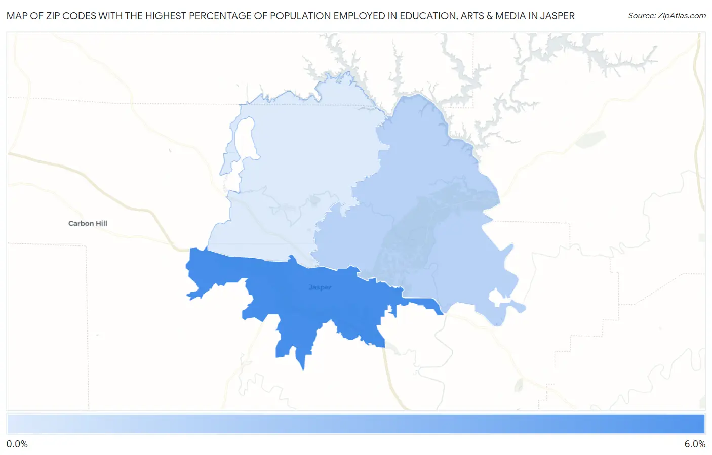 Zip Codes with the Highest Percentage of Population Employed in Education, Arts & Media in Jasper Map