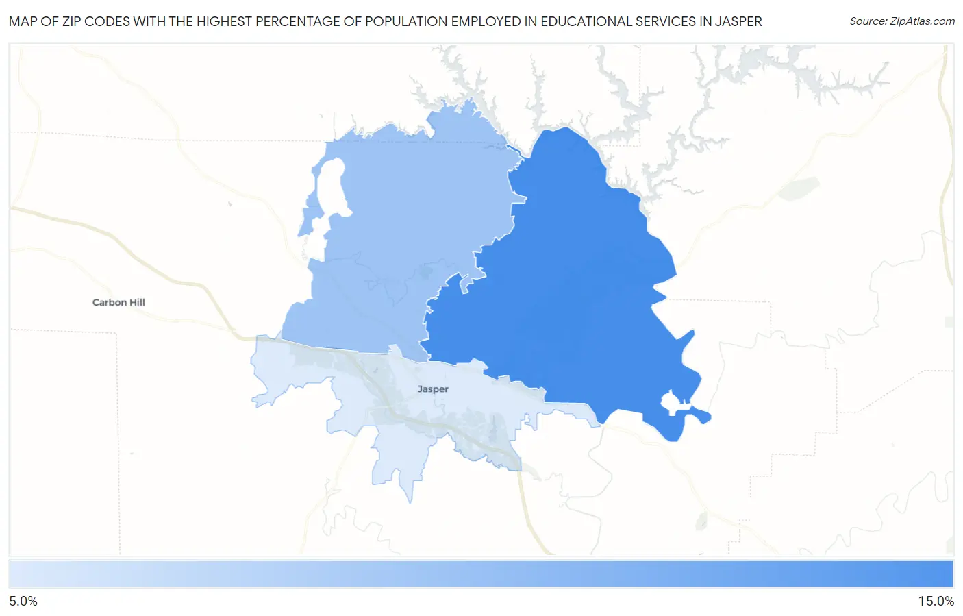 Zip Codes with the Highest Percentage of Population Employed in Educational Services in Jasper Map