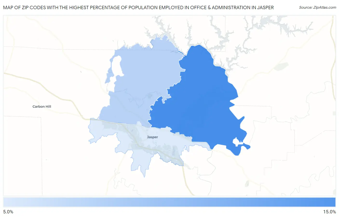 Zip Codes with the Highest Percentage of Population Employed in Office & Administration in Jasper Map