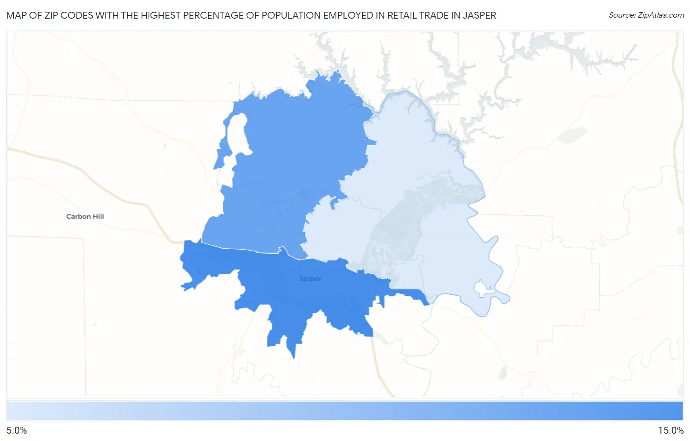 Zip Codes with the Highest Percentage of Population Employed in Retail Trade in Jasper Map