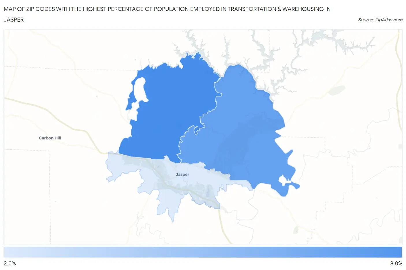 Zip Codes with the Highest Percentage of Population Employed in Transportation & Warehousing in Jasper Map