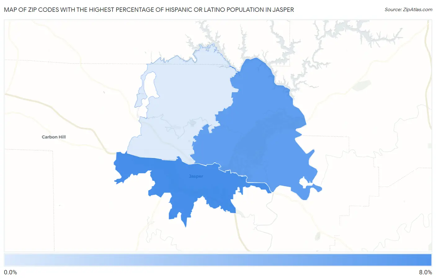 Zip Codes with the Highest Percentage of Hispanic or Latino Population in Jasper Map