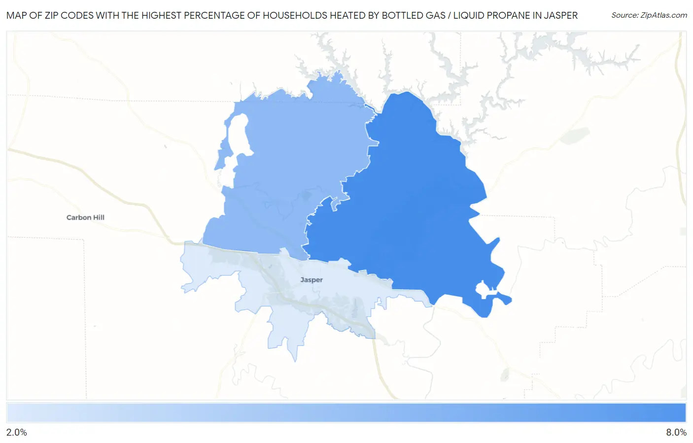 Zip Codes with the Highest Percentage of Households Heated by Bottled Gas / Liquid Propane in Jasper Map