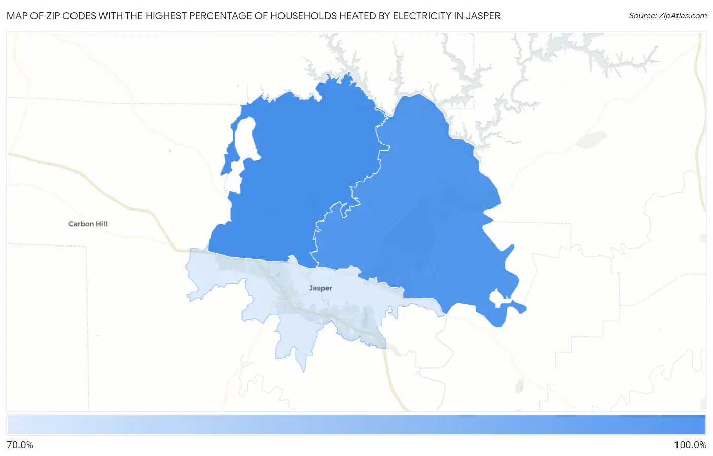 Zip Codes with the Highest Percentage of Households Heated by Electricity in Jasper Map