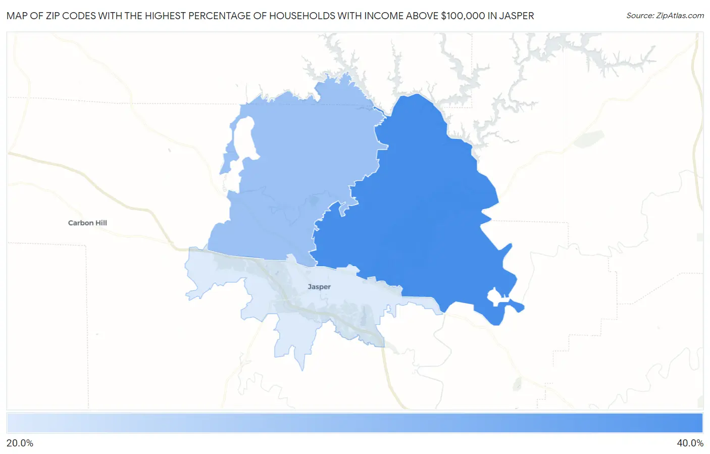 Zip Codes with the Highest Percentage of Households with Income Above $100,000 in Jasper Map