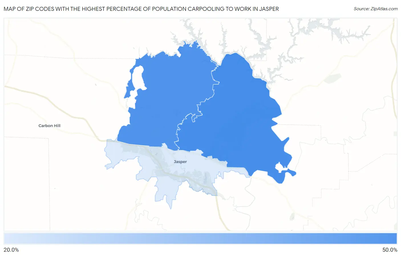 Zip Codes with the Highest Percentage of Population Carpooling to Work in Jasper Map