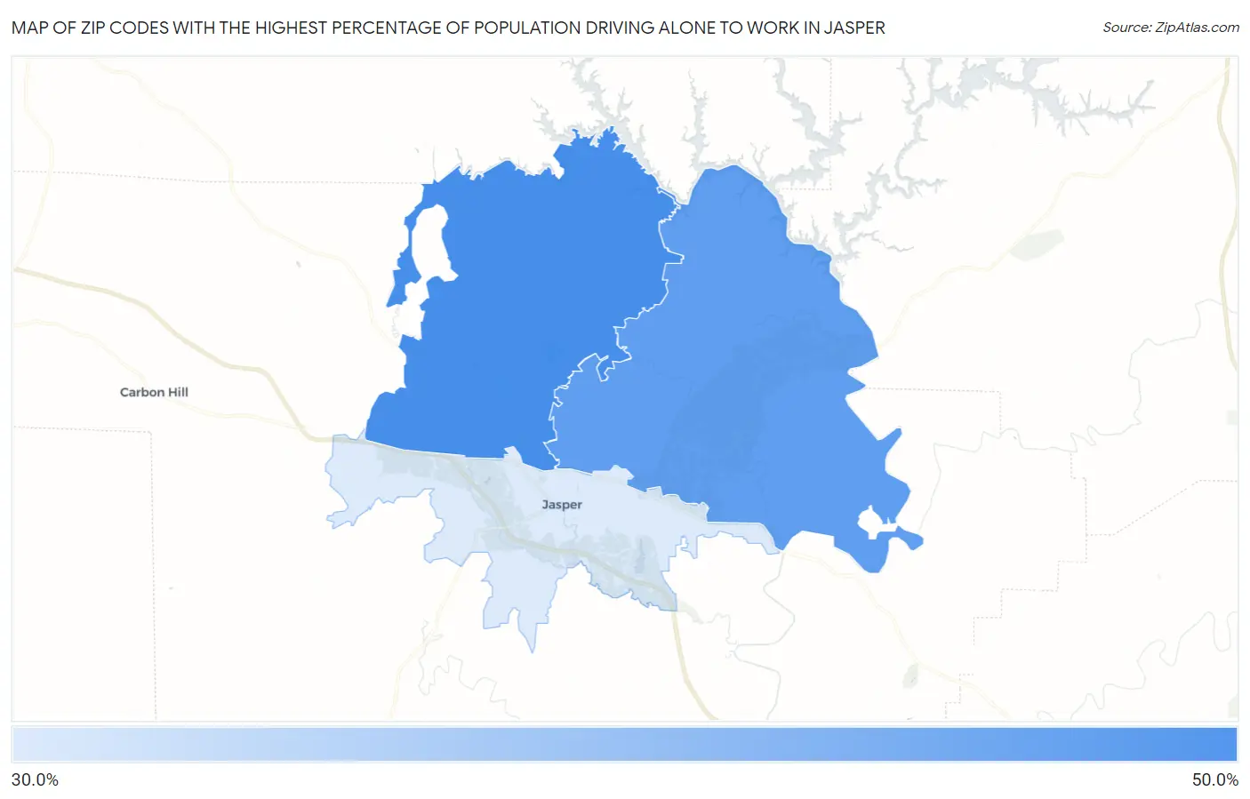 Zip Codes with the Highest Percentage of Population Driving Alone to Work in Jasper Map