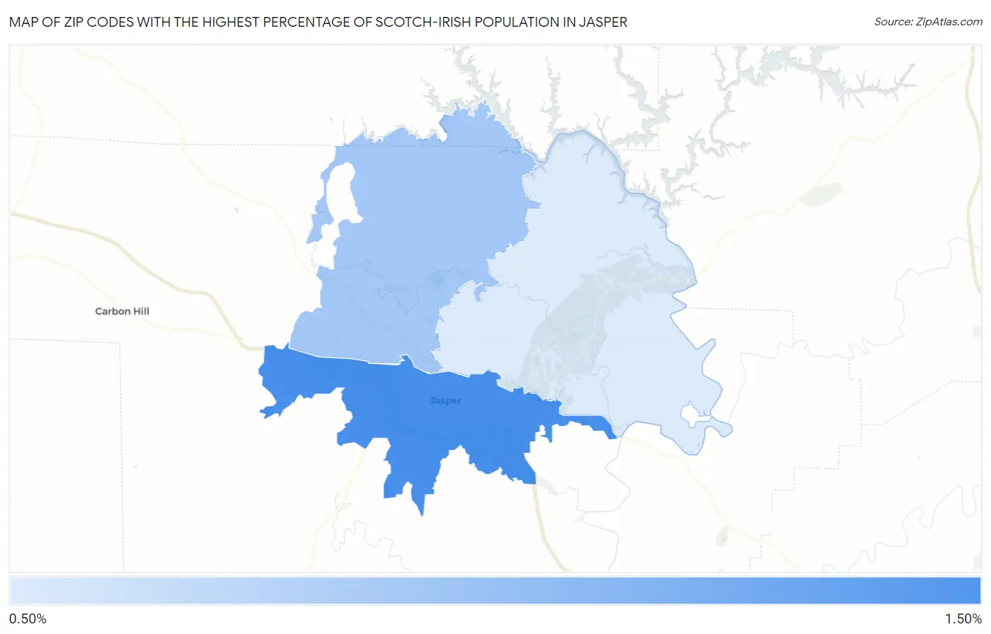 Zip Codes with the Highest Percentage of Scotch-Irish Population in Jasper Map