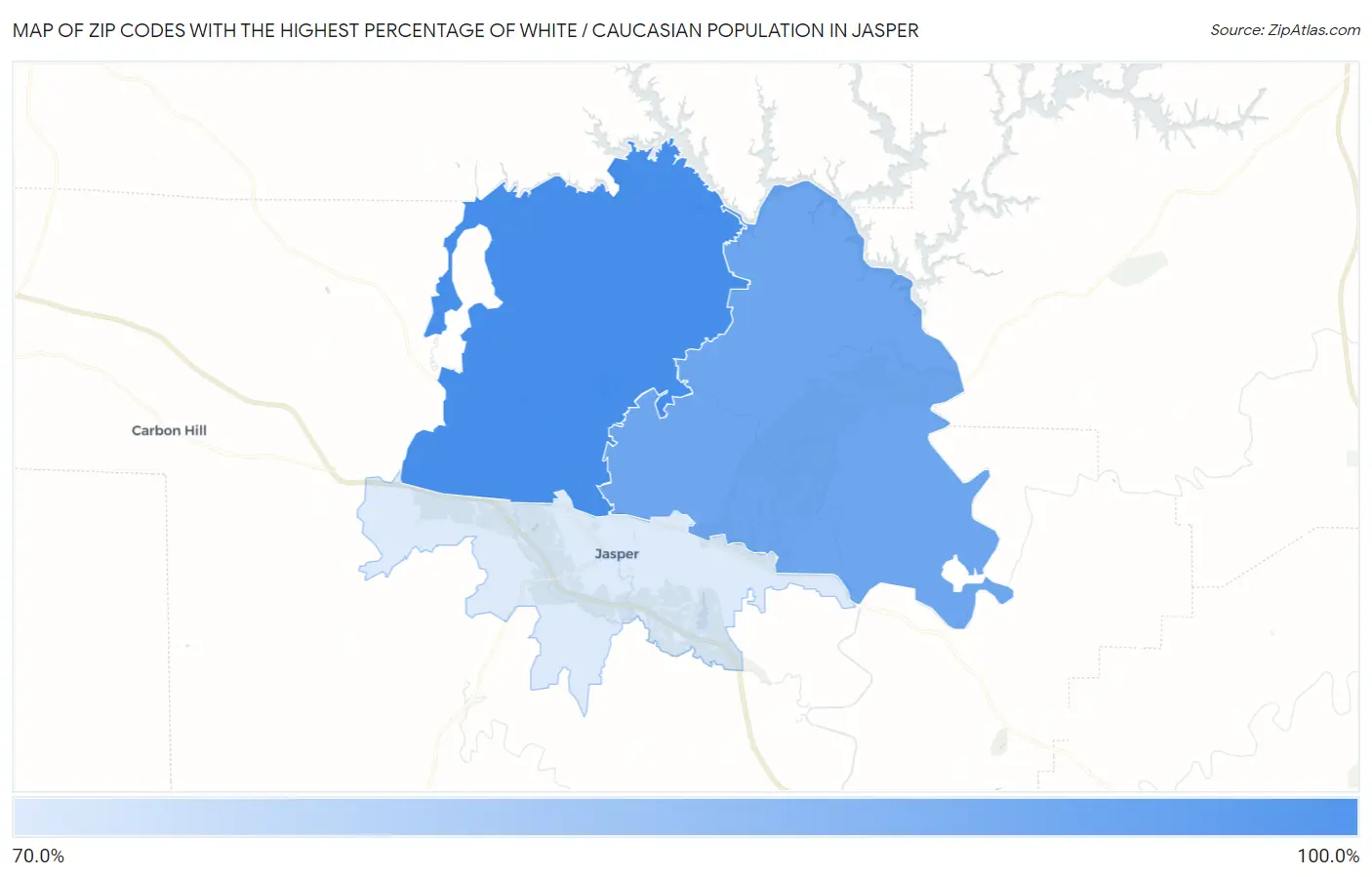Zip Codes with the Highest Percentage of White / Caucasian Population in Jasper Map