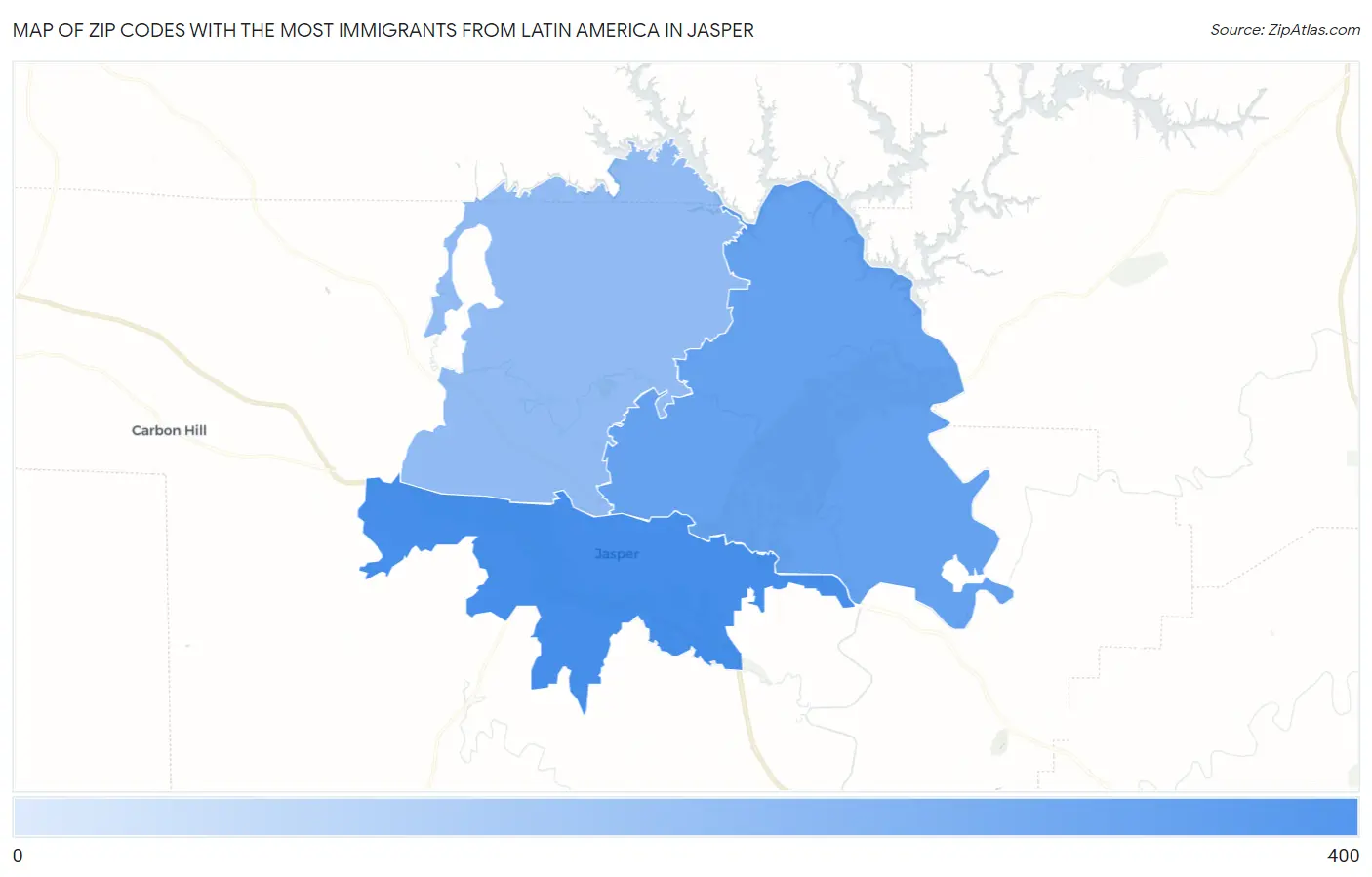 Zip Codes with the Most Immigrants from Latin America in Jasper Map