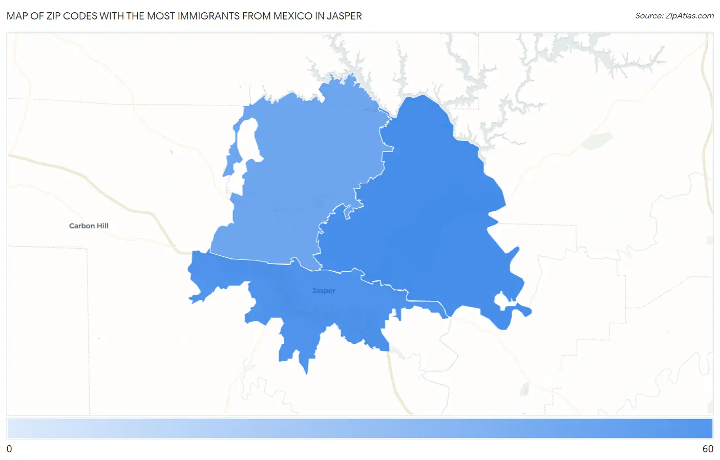 Zip Codes with the Most Immigrants from Mexico in Jasper Map