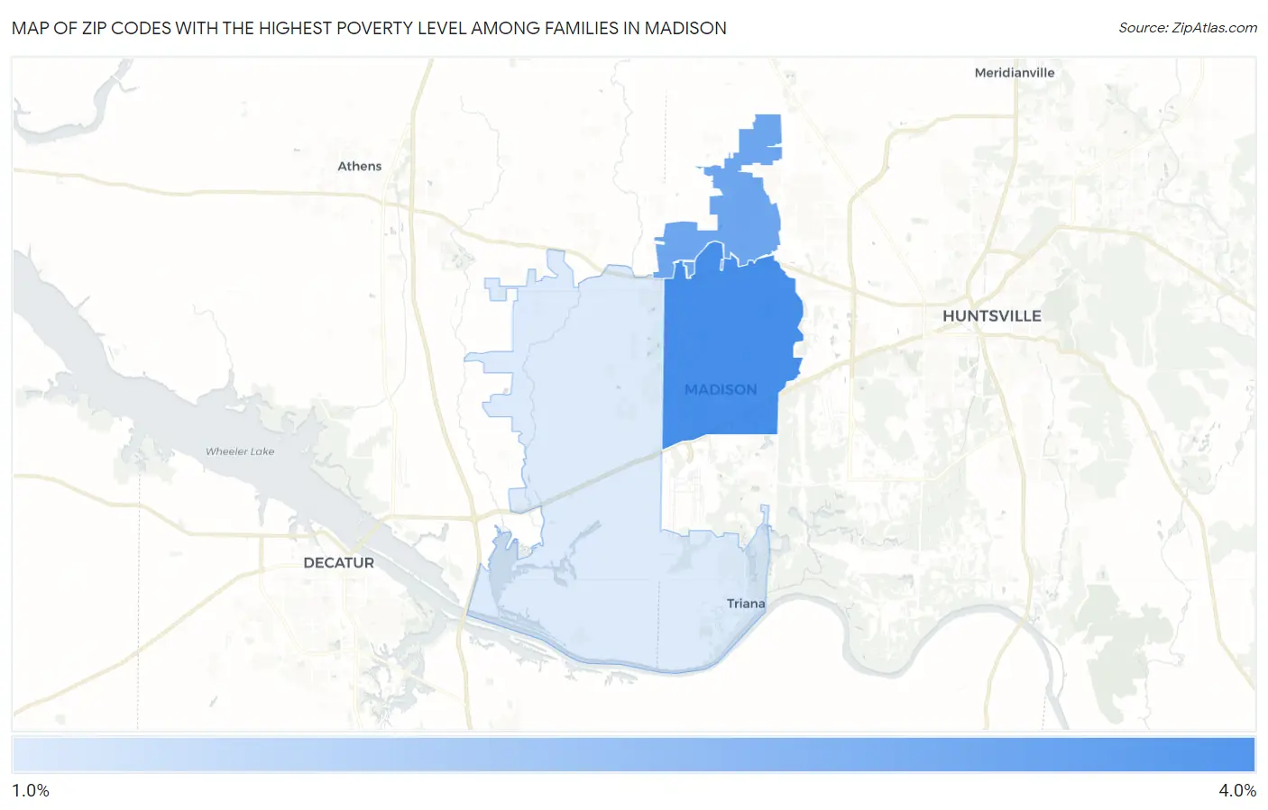 Zip Codes with the Highest Poverty Level Among Families in Madison Map