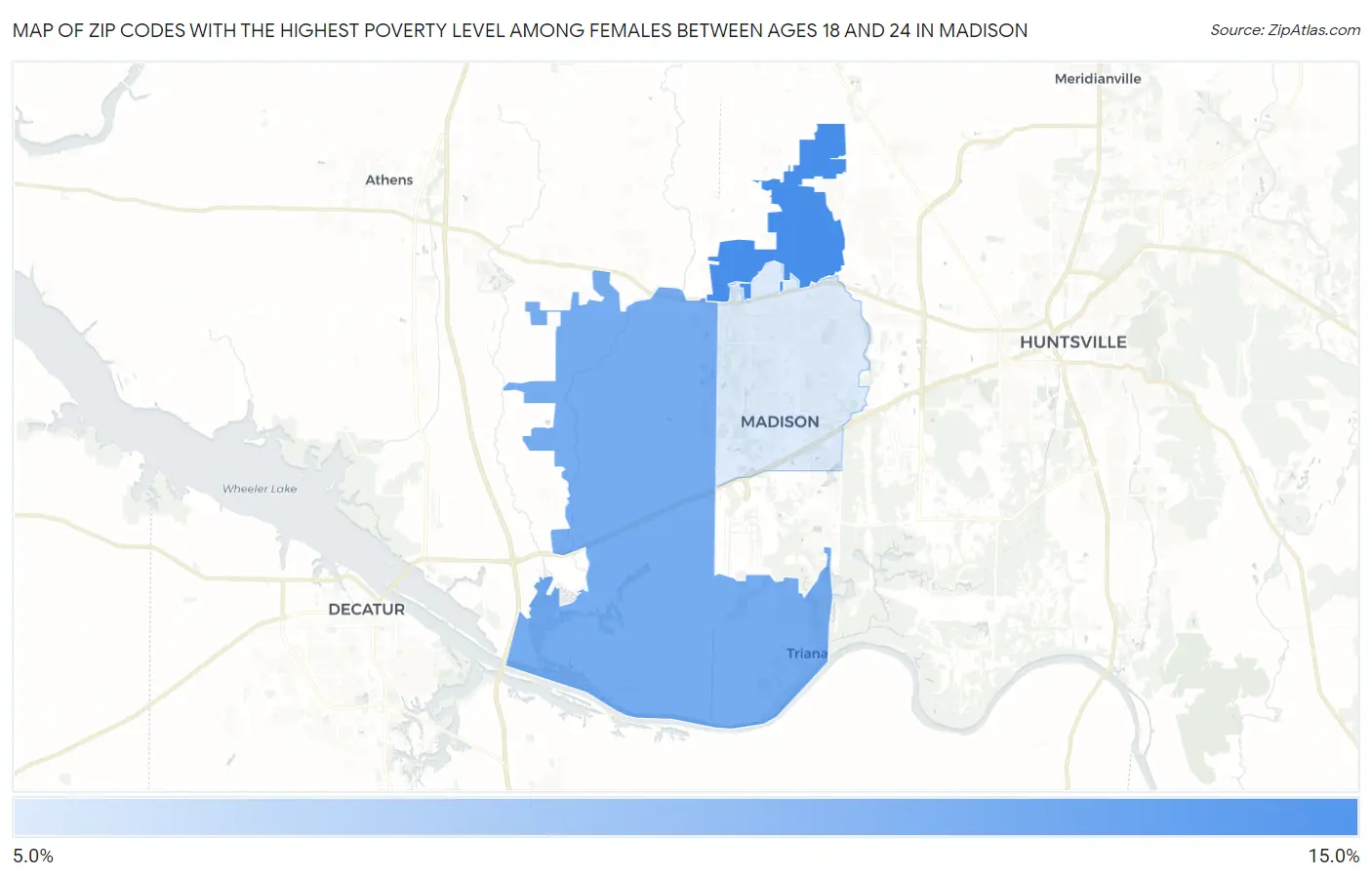 Zip Codes with the Highest Poverty Level Among Females Between Ages 18 and 24 in Madison Map