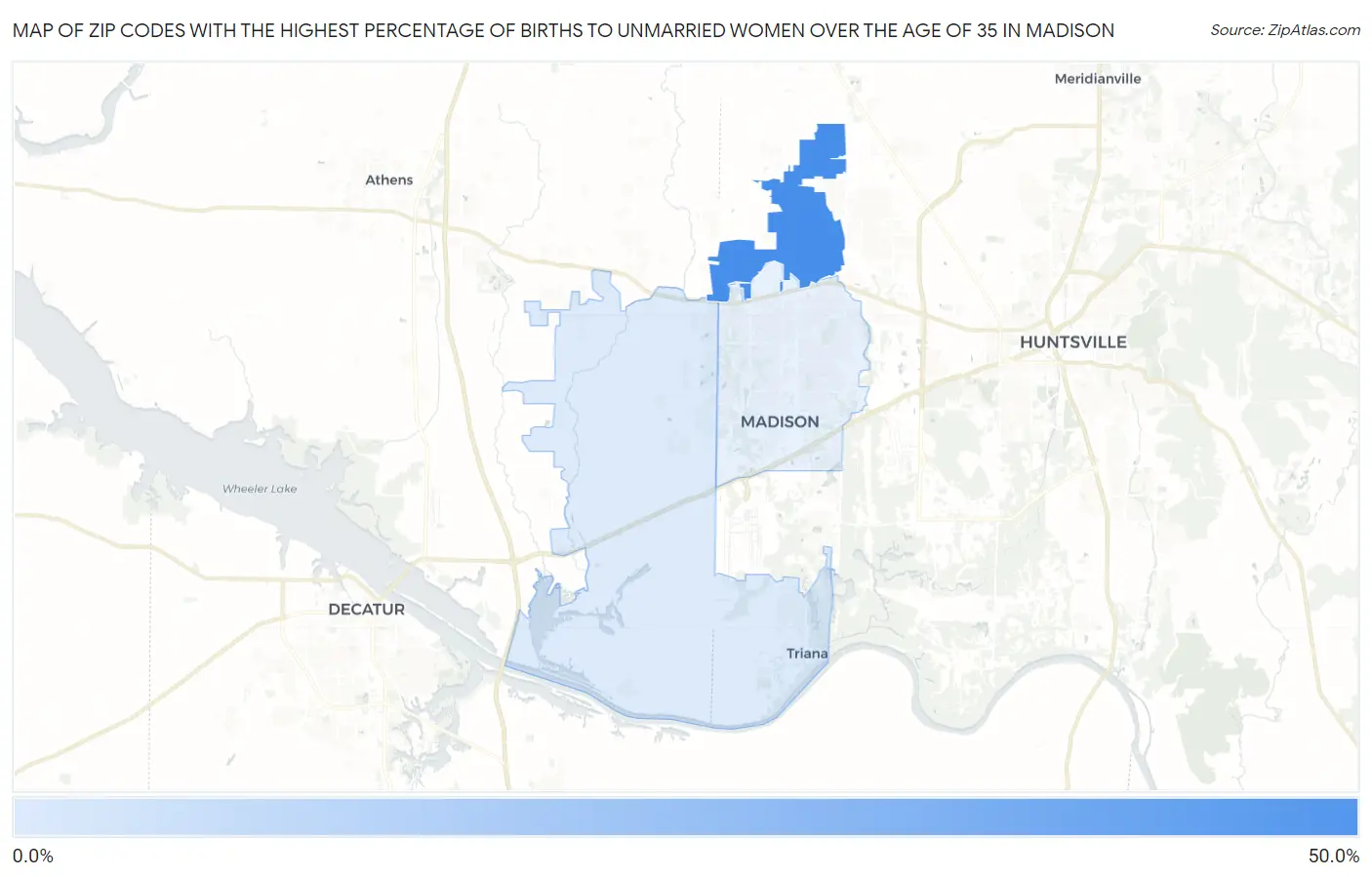 Zip Codes with the Highest Percentage of Births to Unmarried Women over the Age of 35 in Madison Map