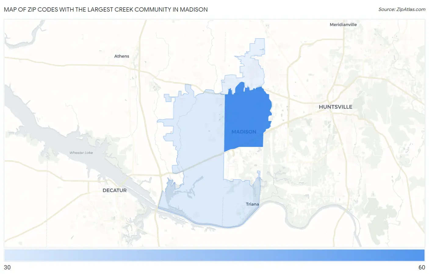 Zip Codes with the Largest Creek Community in Madison Map