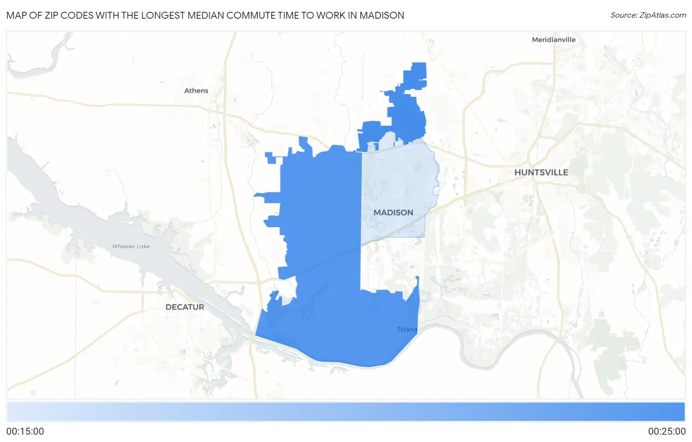 Zip Codes with the Longest Median Commute Time to Work in Madison Map