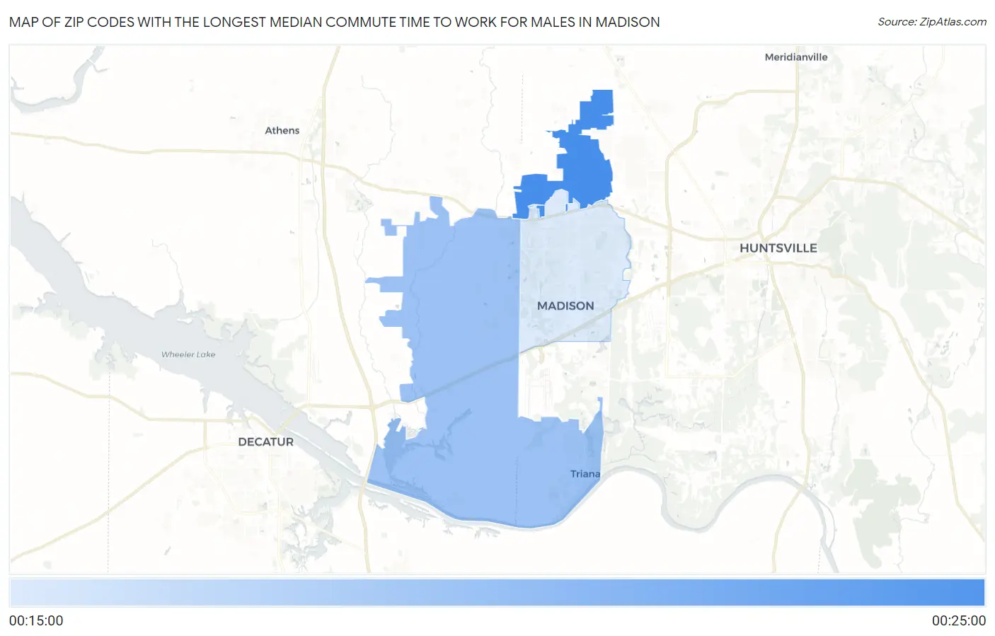 Zip Codes with the Longest Median Commute Time to Work for Males in Madison Map