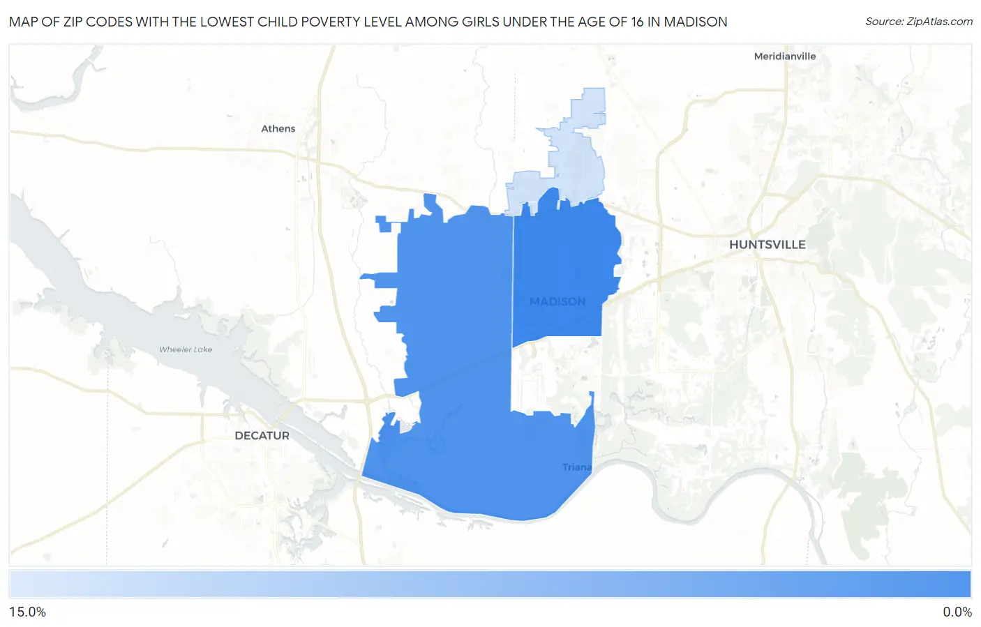 Zip Codes with the Lowest Child Poverty Level Among Girls Under the Age of 16 in Madison Map