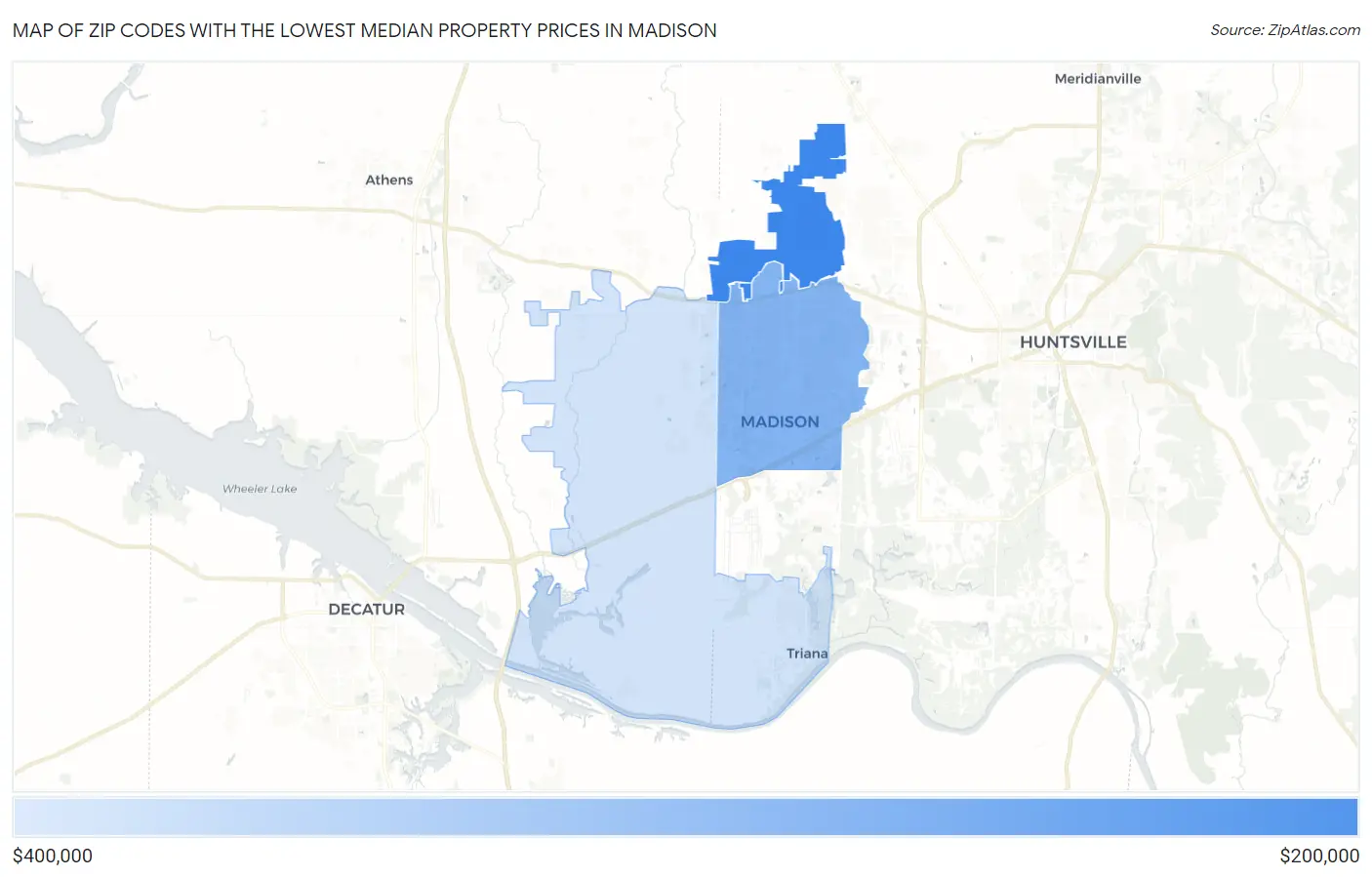 Zip Codes with the Lowest Median Property Prices in Madison Map
