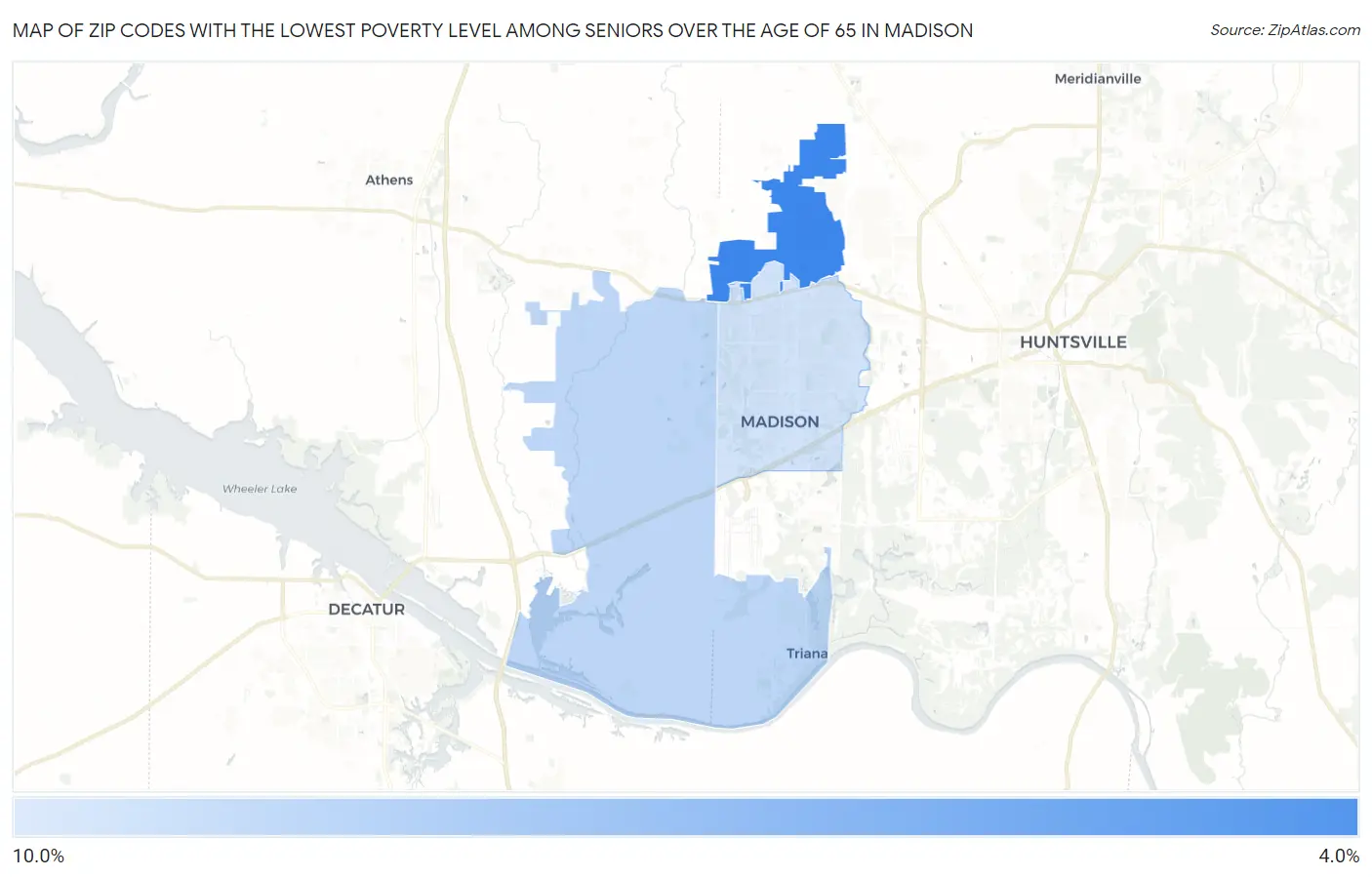 Zip Codes with the Lowest Poverty Level Among Seniors Over the Age of 65 in Madison Map