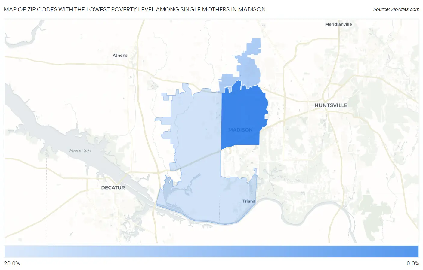 Zip Codes with the Lowest Poverty Level Among Single Mothers in Madison Map