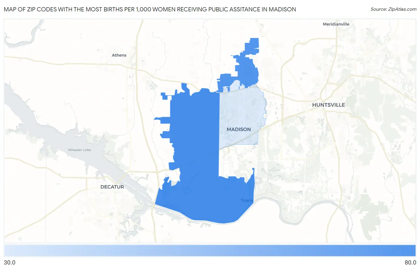 Zip Codes with the Most Births per 1,000 Women Receiving Public Assitance in Madison Map