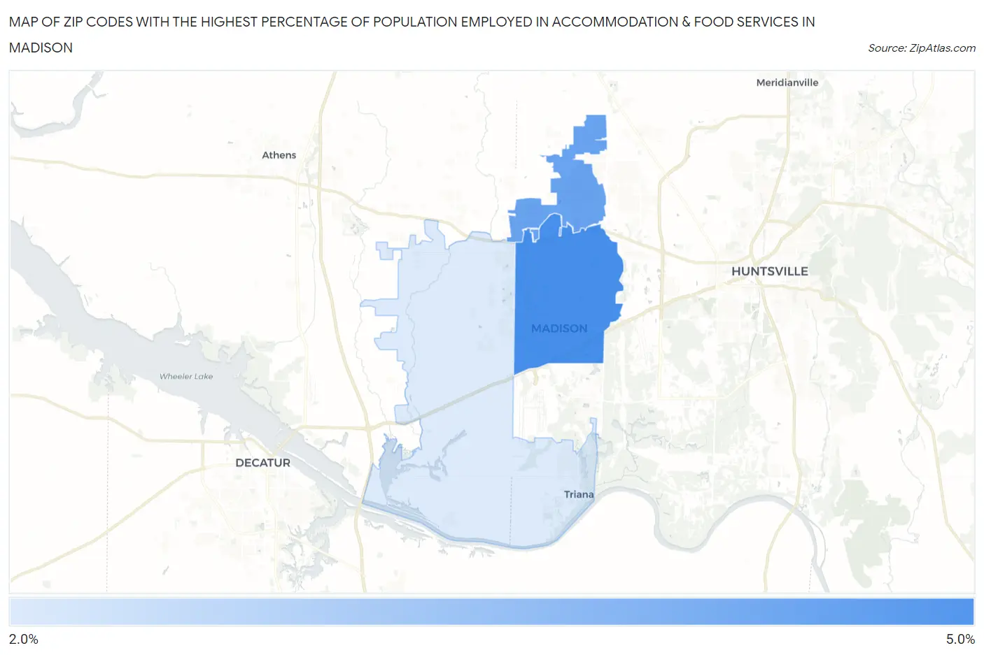 Zip Codes with the Highest Percentage of Population Employed in Accommodation & Food Services in Madison Map