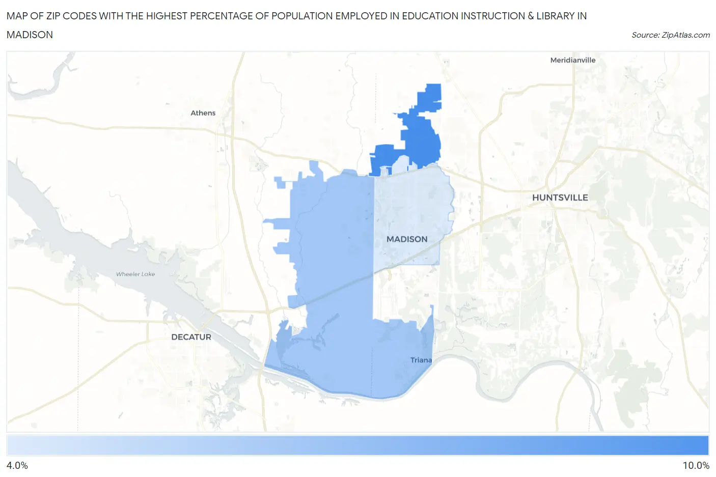 Zip Codes with the Highest Percentage of Population Employed in Education Instruction & Library in Madison Map