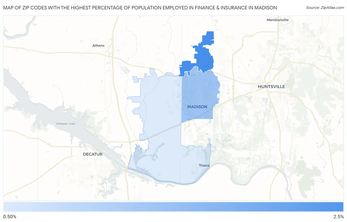Zip Codes with the Highest Percentage of Population Employed in Finance & Insurance in Madison Map