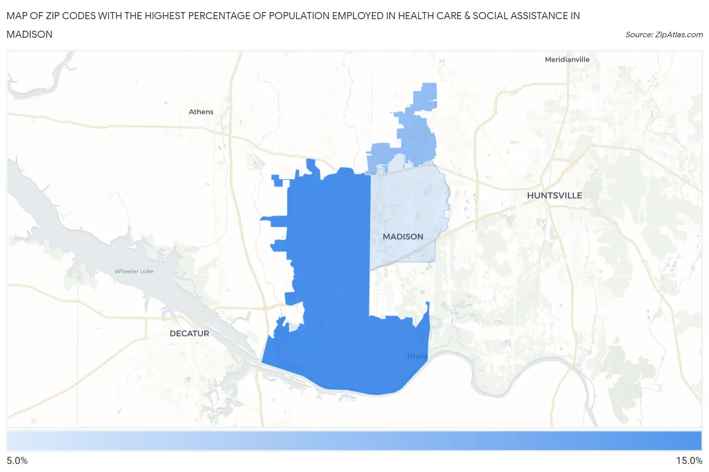 Zip Codes with the Highest Percentage of Population Employed in Health Care & Social Assistance in Madison Map