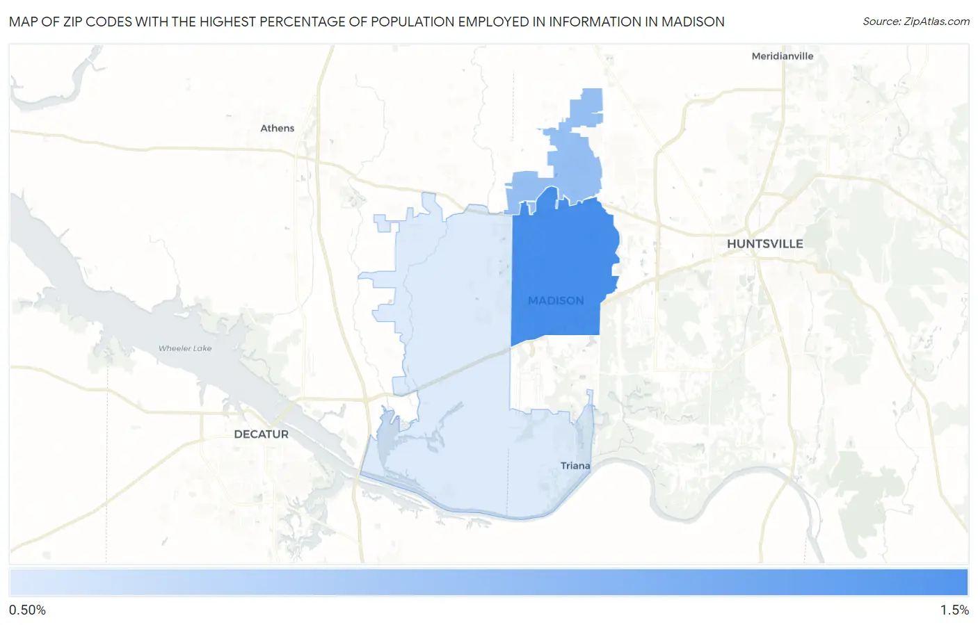 Zip Codes with the Highest Percentage of Population Employed in Information in Madison Map