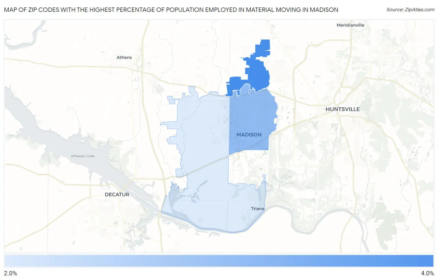 Zip Codes with the Highest Percentage of Population Employed in Material Moving in Madison Map