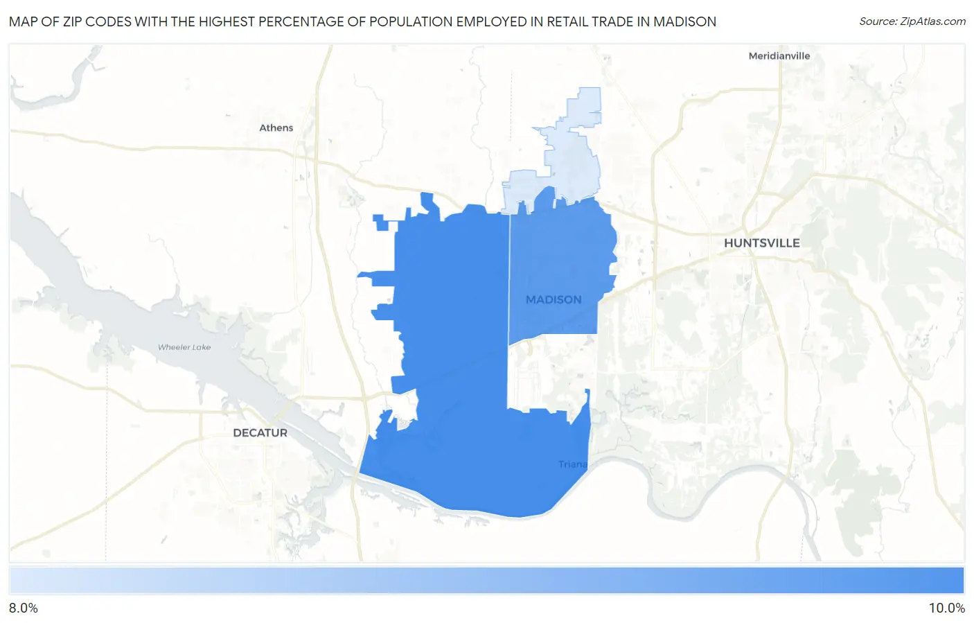 Zip Codes with the Highest Percentage of Population Employed in Retail Trade in Madison Map