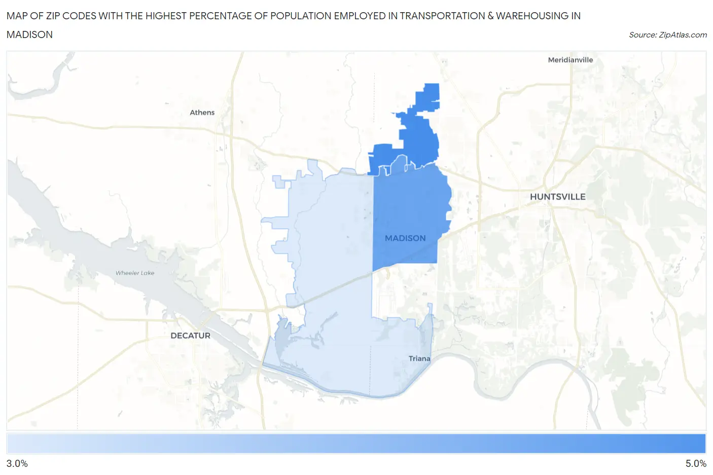 Zip Codes with the Highest Percentage of Population Employed in Transportation & Warehousing in Madison Map