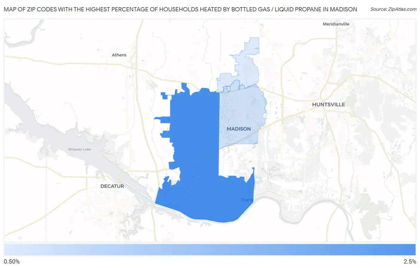 Zip Codes with the Highest Percentage of Households Heated by Bottled Gas / Liquid Propane in Madison Map