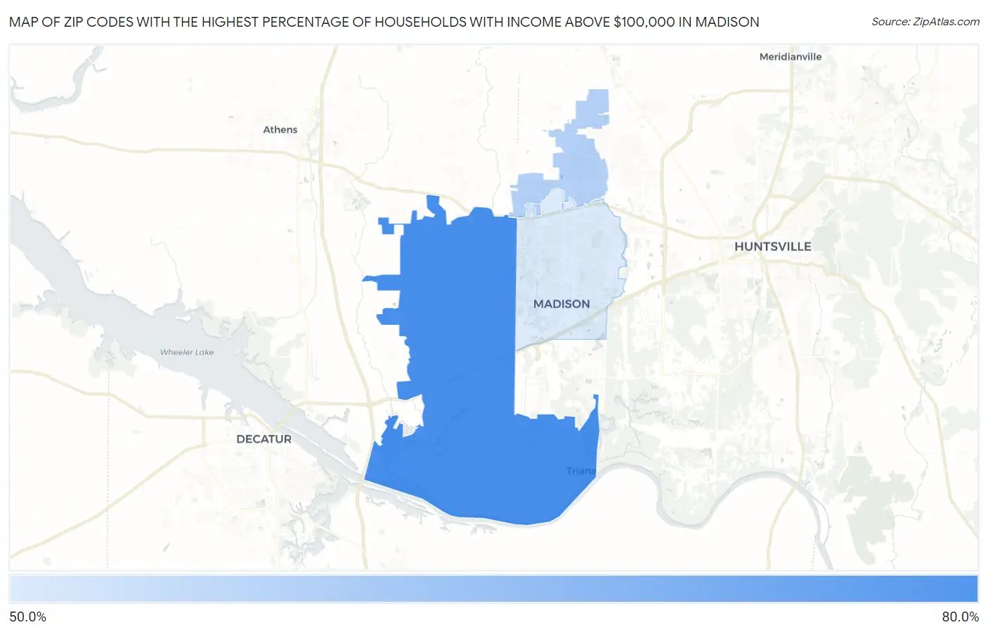 Zip Codes with the Highest Percentage of Households with Income Above $100,000 in Madison Map