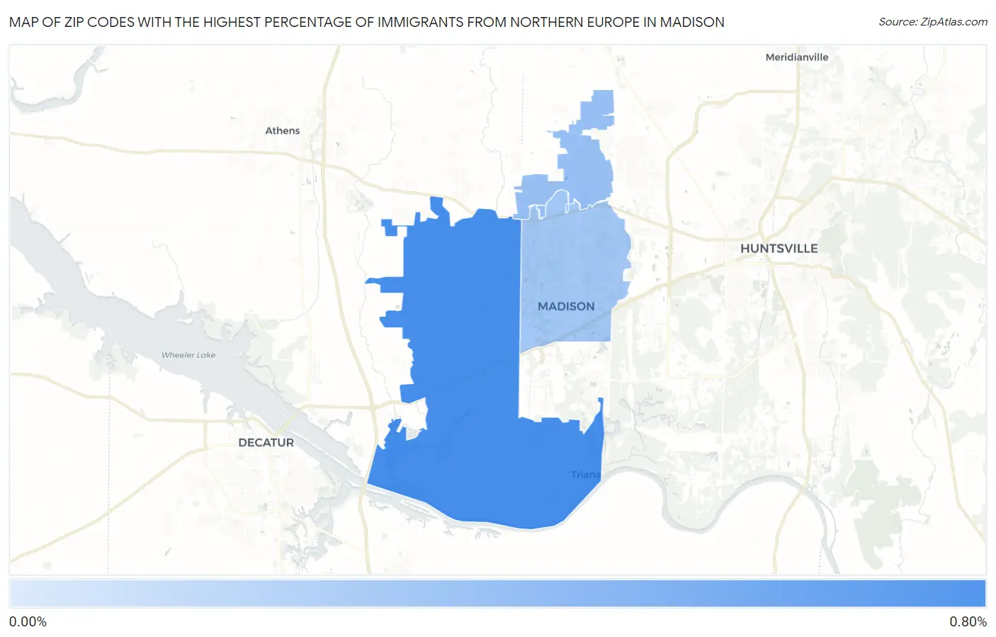 Zip Codes with the Highest Percentage of Immigrants from Northern Europe in Madison Map