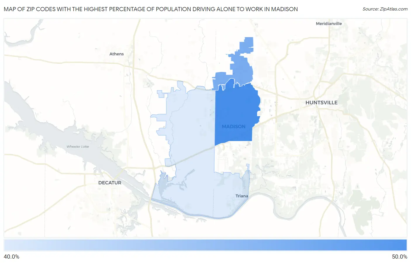 Zip Codes with the Highest Percentage of Population Driving Alone to Work in Madison Map