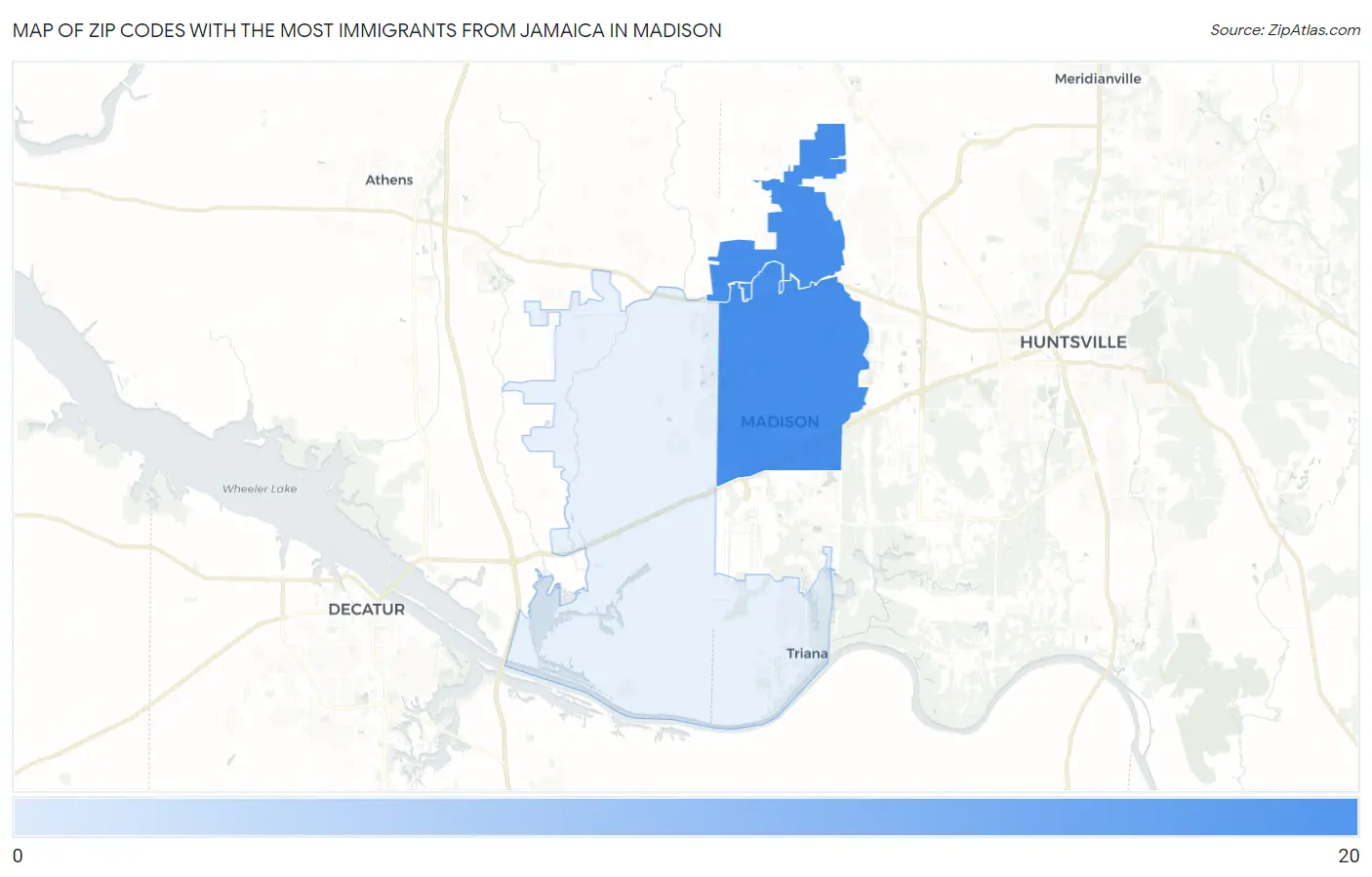 Zip Codes with the Most Immigrants from Jamaica in Madison Map