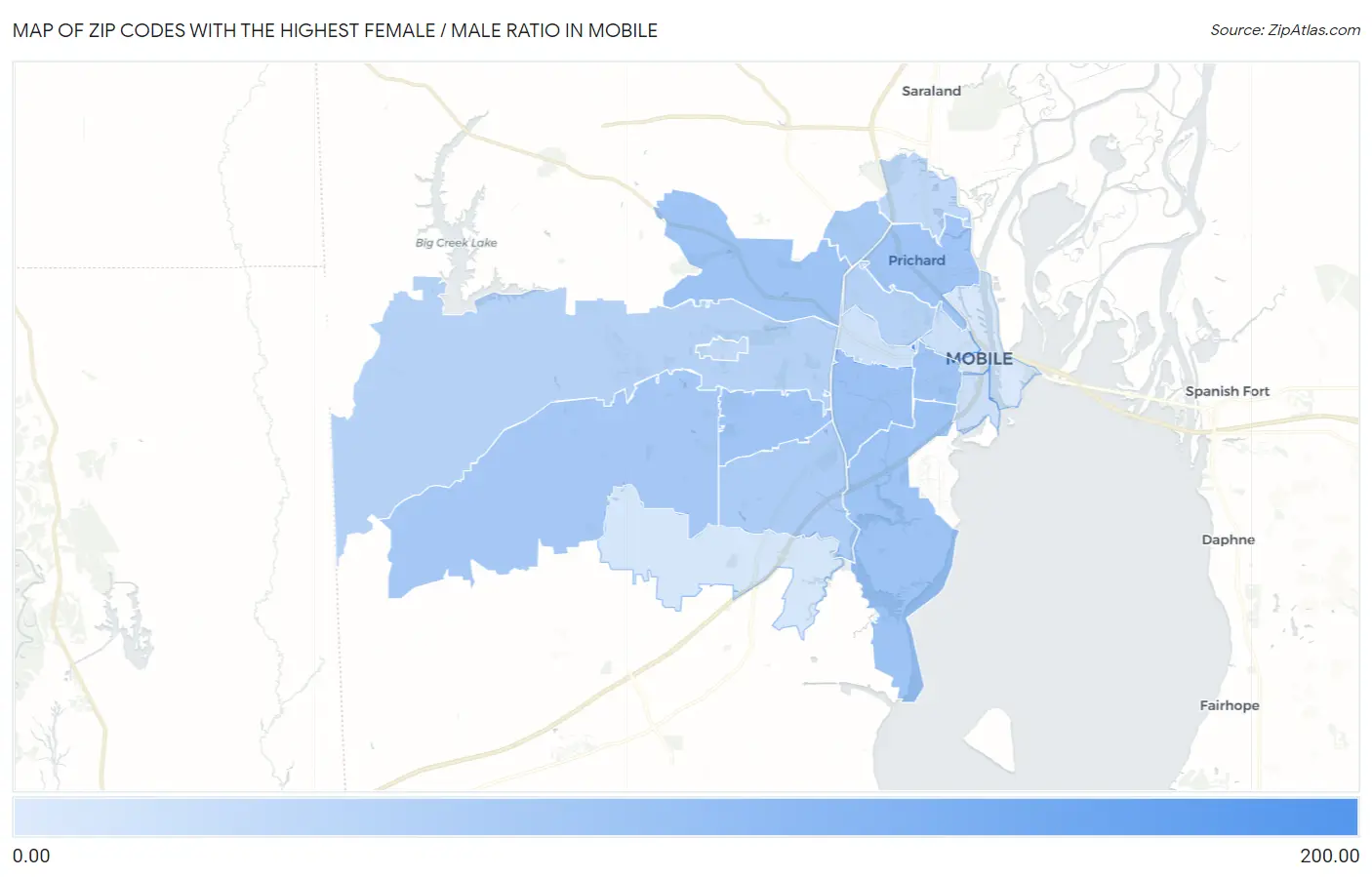Zip Codes with the Highest Female / Male Ratio in Mobile Map