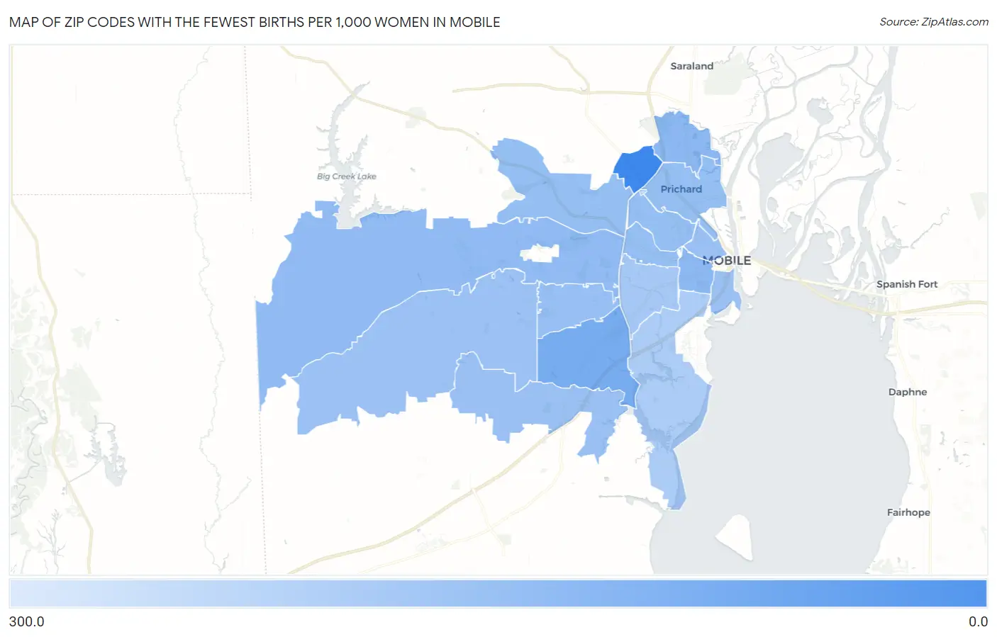 Zip Codes with the Fewest Births per 1,000 Women in Mobile Map