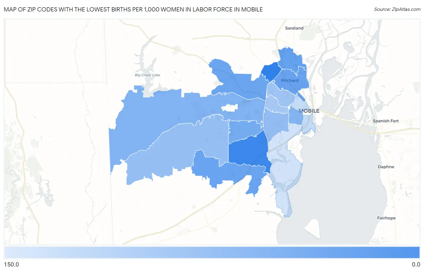 Zip Codes with the Lowest Births per 1,000 Women in Labor Force in Mobile Map