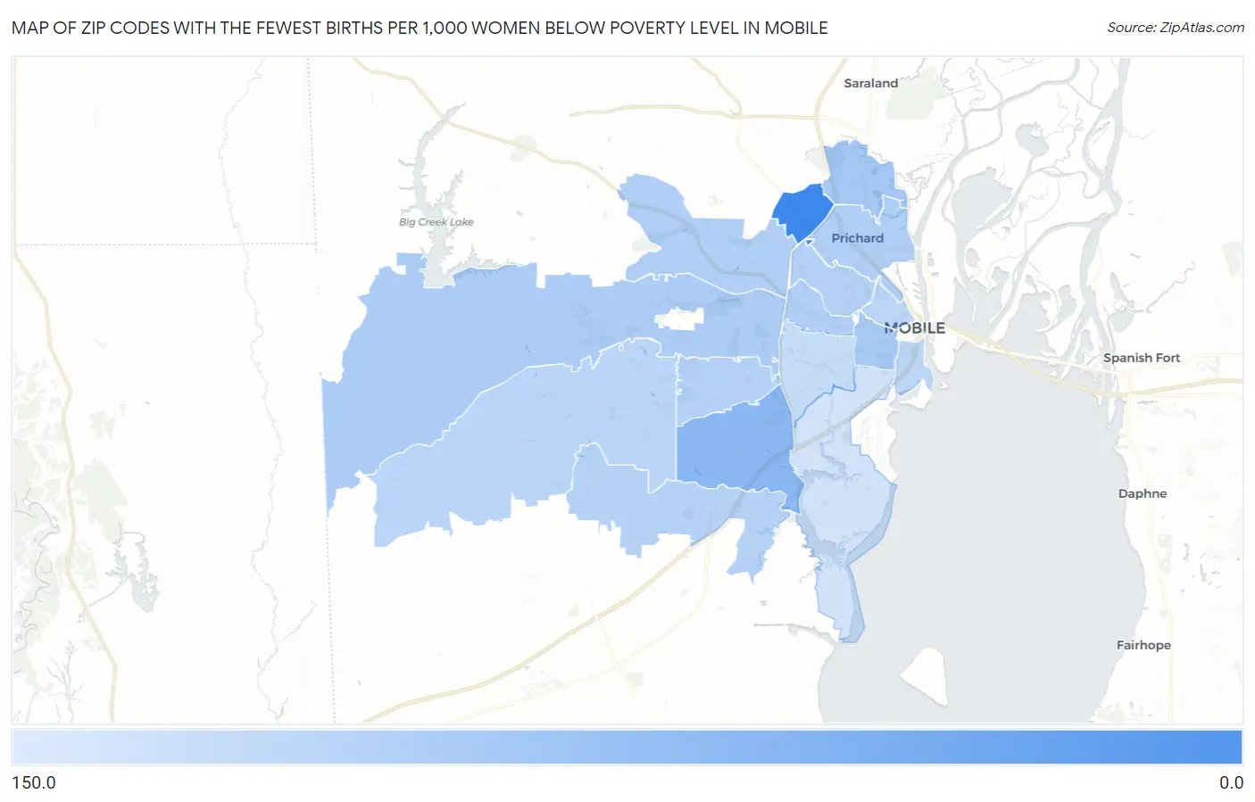Zip Codes with the Fewest Births per 1,000 Women Below Poverty Level in Mobile Map