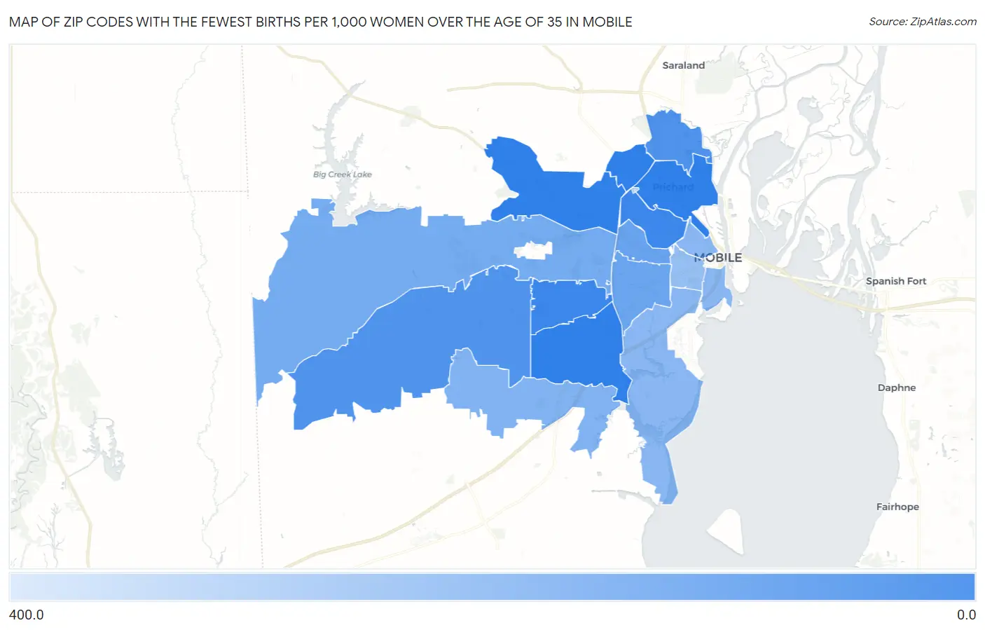 Zip Codes with the Fewest Births per 1,000 Women Over the Age of 35 in Mobile Map