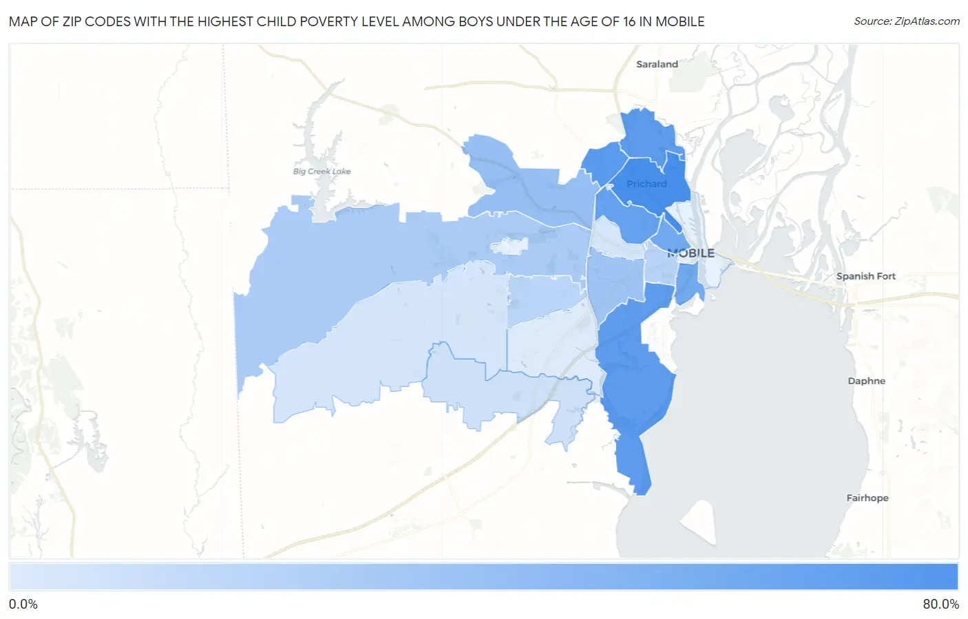 Zip Codes with the Highest Child Poverty Level Among Boys Under the Age of 16 in Mobile Map