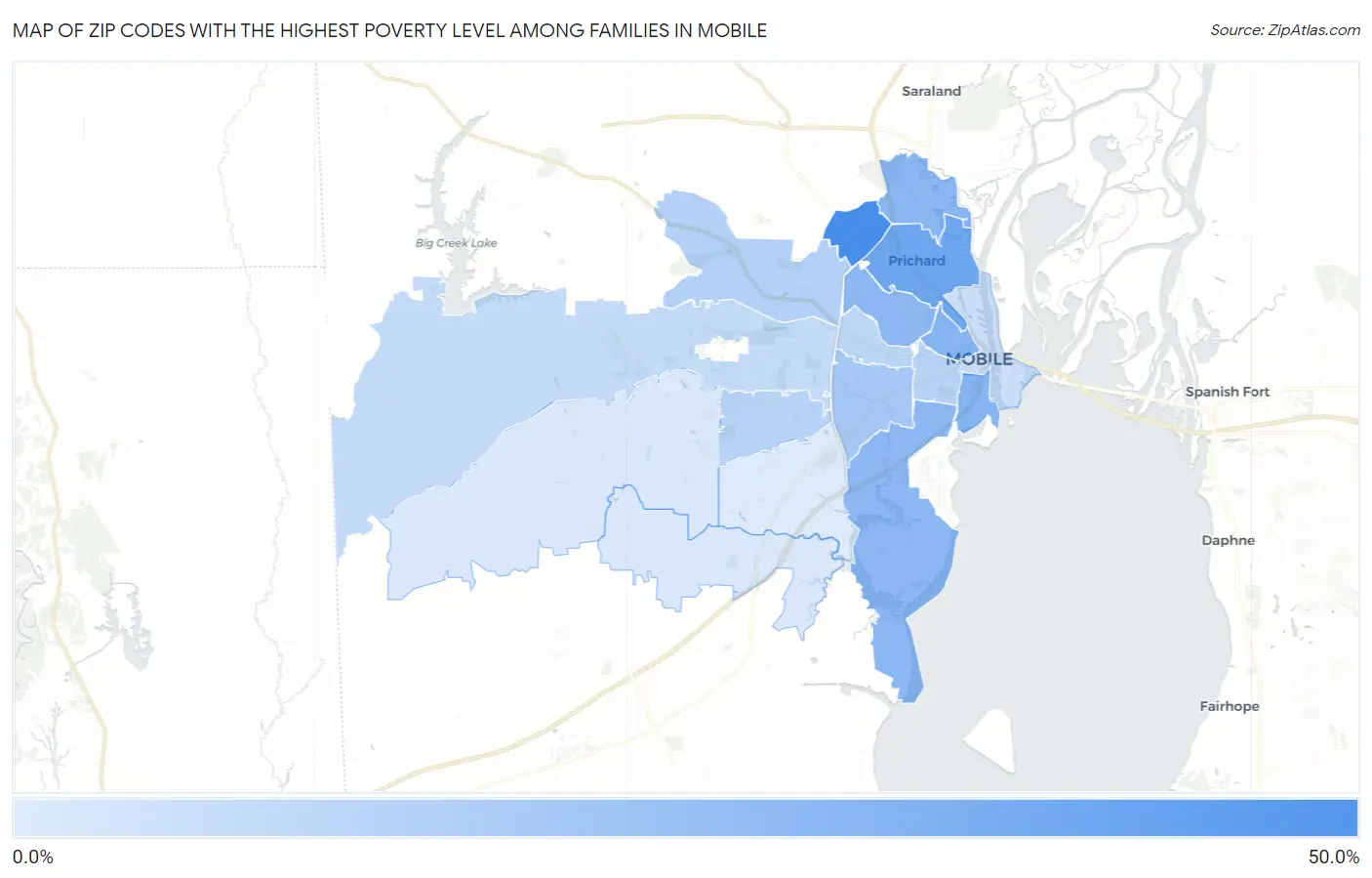 Zip Codes with the Highest Poverty Level Among Families in Mobile Map