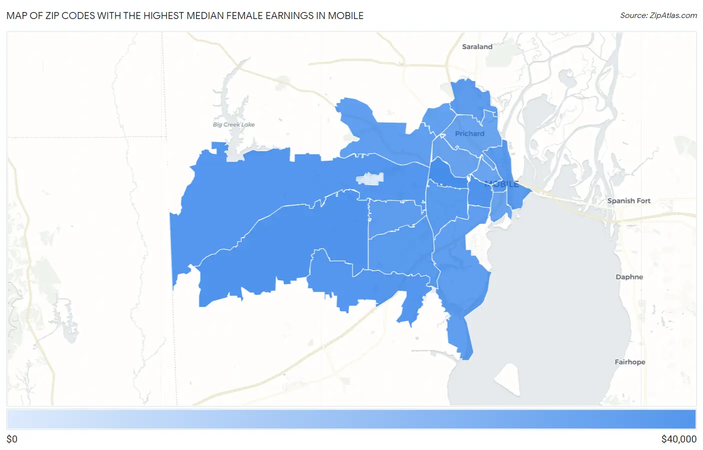 Zip Codes with the Highest Median Female Earnings in Mobile Map