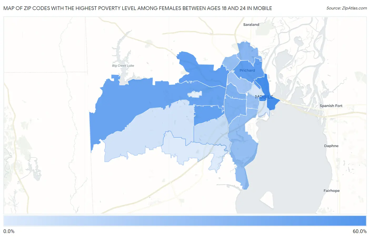 Zip Codes with the Highest Poverty Level Among Females Between Ages 18 and 24 in Mobile Map