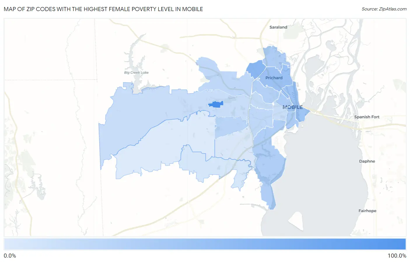 Zip Codes with the Highest Female Poverty Level in Mobile Map