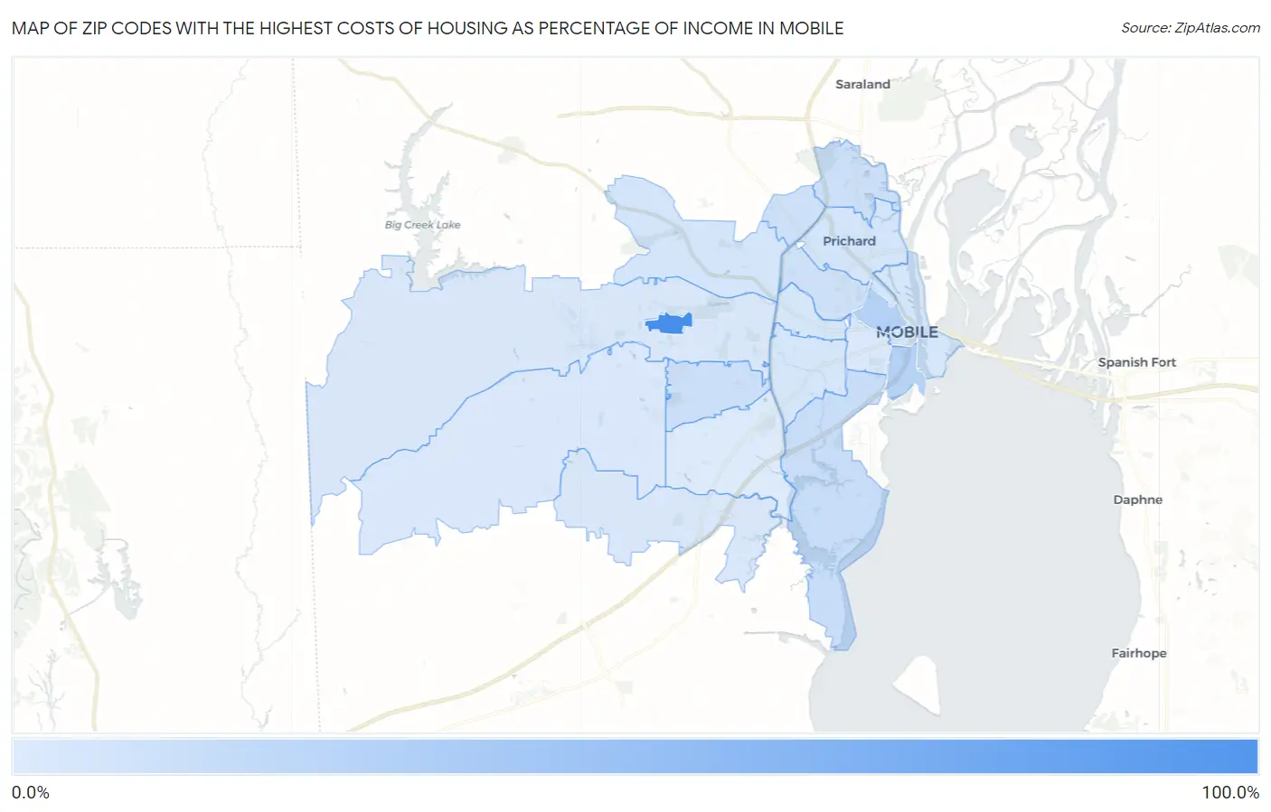 Zip Codes with the Highest Costs of Housing as Percentage of Income in Mobile Map